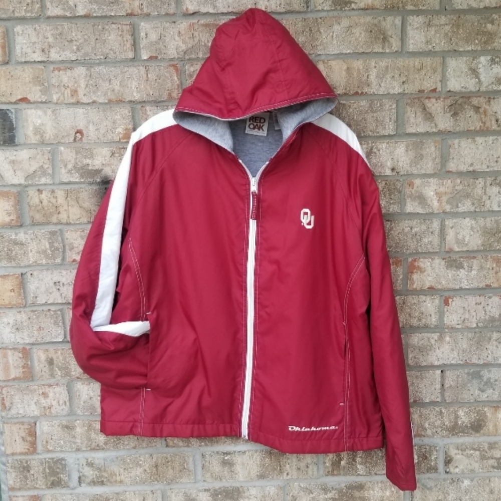 Oklahoma University SOONERS Red White Lined Zip Up Jacket (Size L)